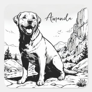 Pegatina Cuadrada El labrador negro y blanco feliz en la naturaleza