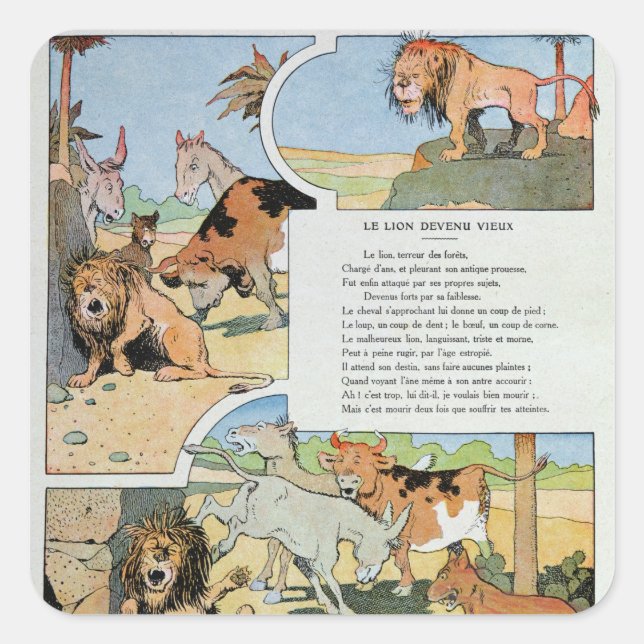 Pegatina Cuadrada El león envejecido, de las fábulas (Anverso)