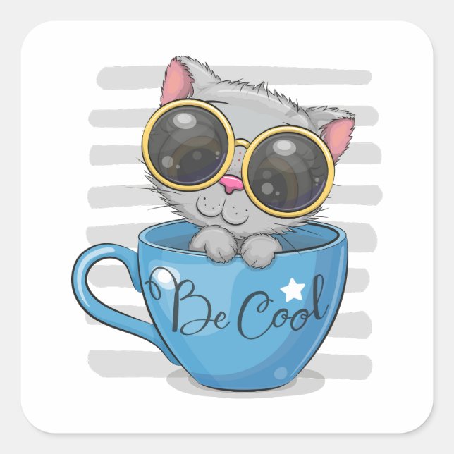 Pegatina Cuadrada El lindo gatito personalizado con gafas (Anverso)