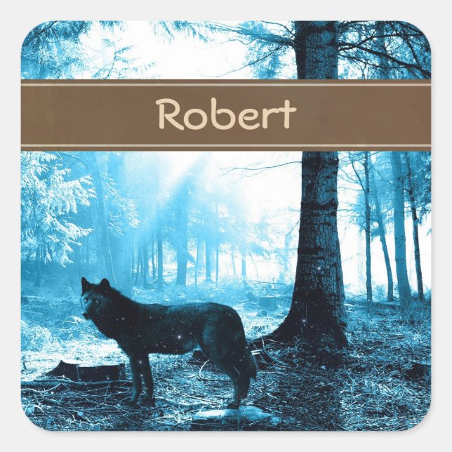 Pegatina Cuadrada El lobo negro personalizado solo en el bosque (Anverso)
