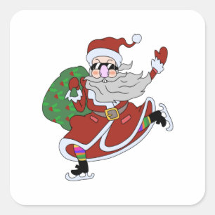Pegatina Cuadrada El loco personalizado Santa Claus patinando sobre