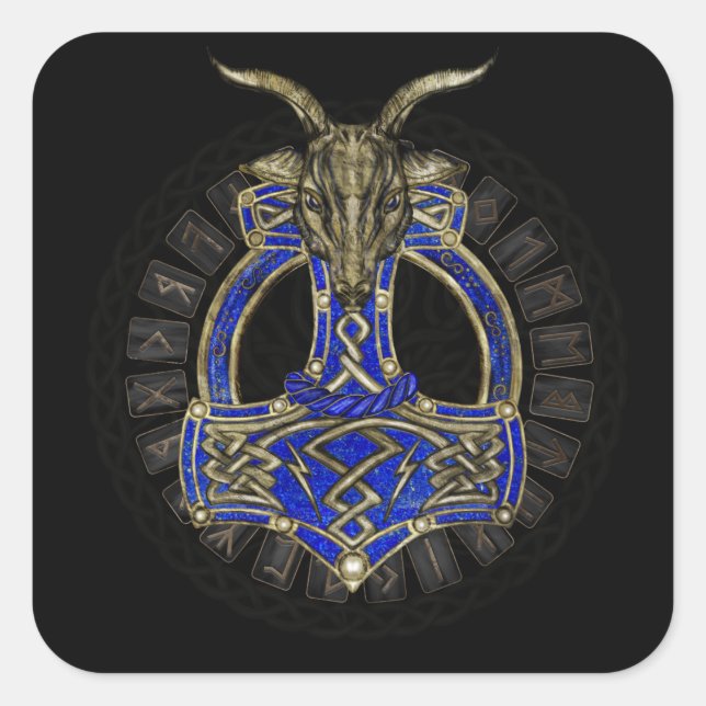 Pegatina Cuadrada El martillo de Thor - Oro y Lapis Lazuli (Anverso)