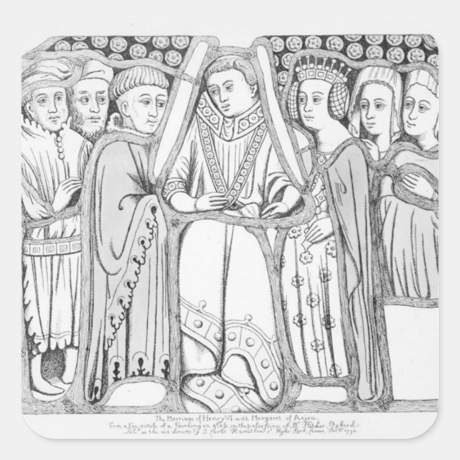 Pegatina Cuadrada El matrimonio de Enrique VI y Margaret de Anjou (Anverso)