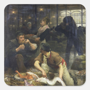 Pegatina Cuadrada El mercado de pescado en la mañana, 1880