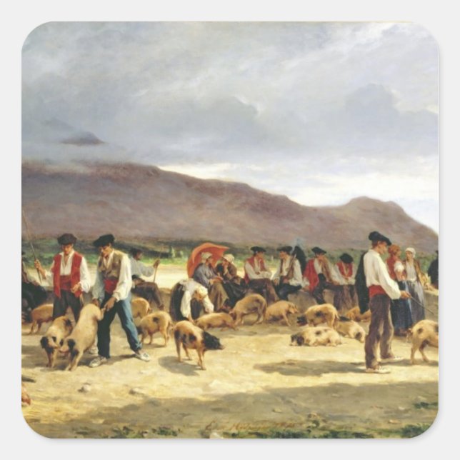 Pegatina Cuadrada El mercado del cerdo, 1875 (Anverso)