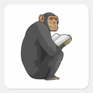 Pegatina Cuadrada El mono como nerd con el libro