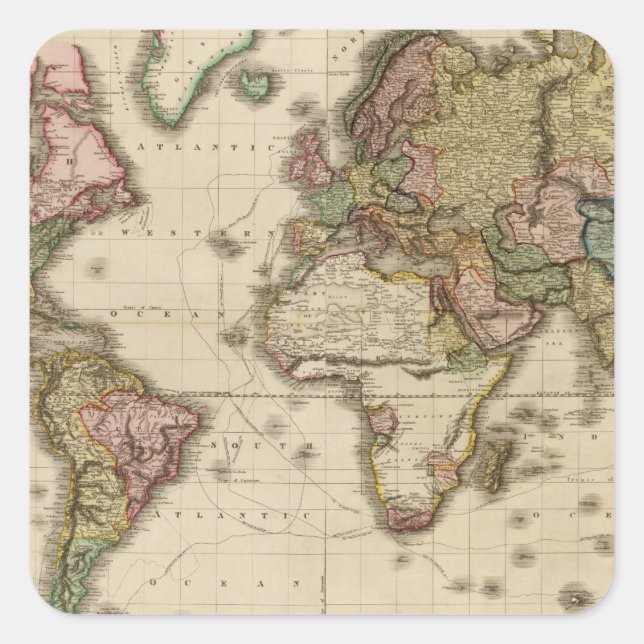 Pegatina Cuadrada El mundo sobre la proyección de Mercator (Anverso)