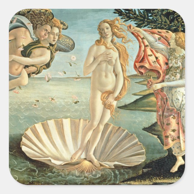 Pegatina Cuadrada El nacimiento de Venus, c.1485 (temperatura sobre  (Anverso)
