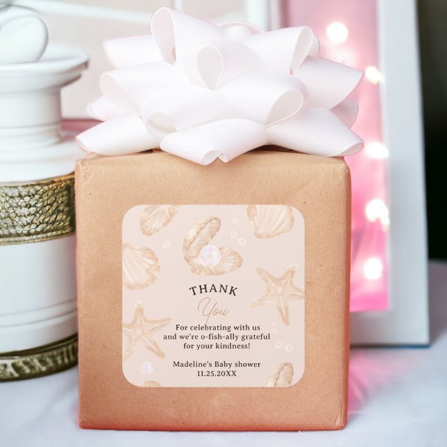 Pegatina Cuadrada El océano de verano lindo, pequeña ducha de perlas (Cute summer ocean little pearl baby shower thank square sticker)