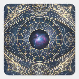 Pegatina Cuadrada El Ojo Celestial — Geometría Sagrada Zodíaco Cosmo