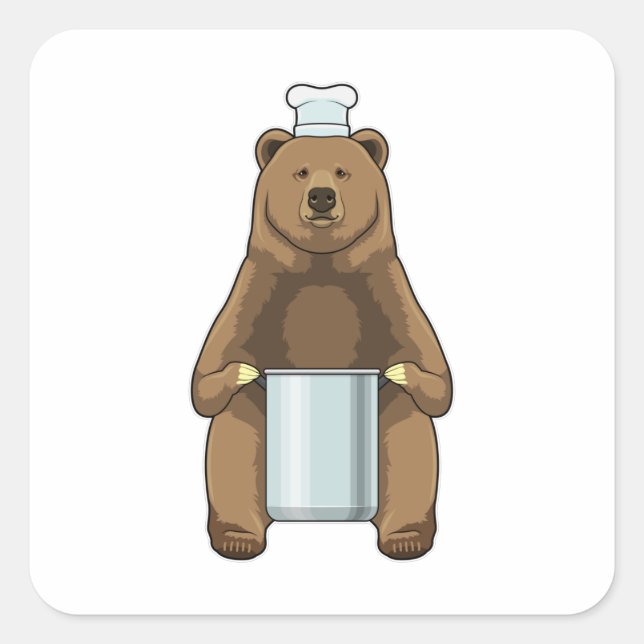 Pegatina Cuadrada El oso como cocinero con olla de cocina (Anverso)