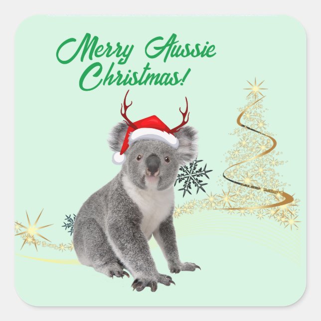 Pegatina Cuadrada El oso Koala de Merry Aussie Navidades (Anverso)