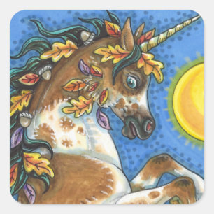 PEGATINA CUADRADA EL OTOÑO SALE A UN ESTALLÓN UNICORN, CABALLO DE LL
