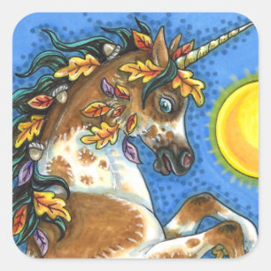 PEGATINA CUADRADA EL OTOÑO SALE A UN ESTALLÓN UNICORN, CABALLO DE LL