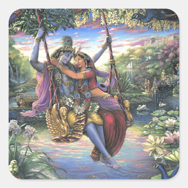 Pegatina Cuadrada El paso de las alas - Radha y Krishna (Anverso)