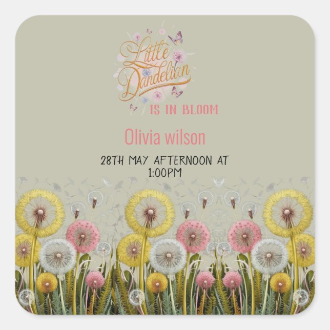 Pegatina Cuadrada El pequeño dandelia está en la ducha de bebé en fl (Anverso)