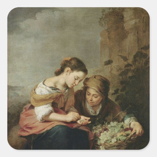 Pegatina Cuadrada El Pequeño Vendedor De Frutas, 1670-75 (Anverso)