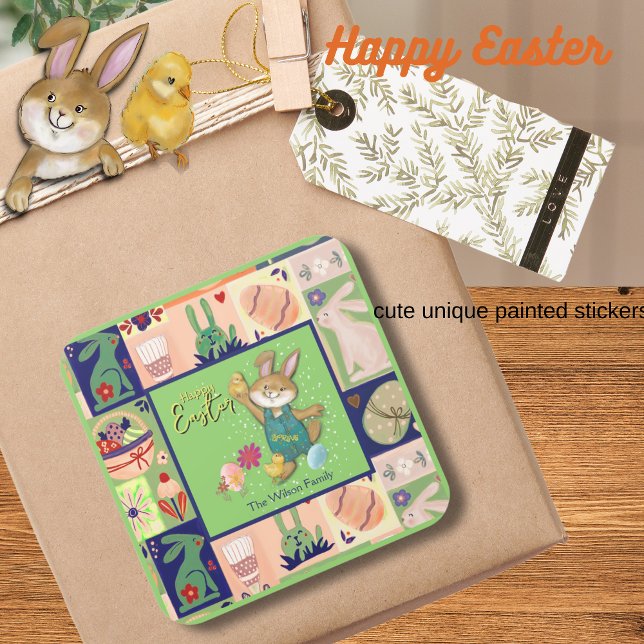 Pegatina Cuadrada El Personalizado del conejo de Pascua (Easter Bunny Custom Colorful Square Sticker)