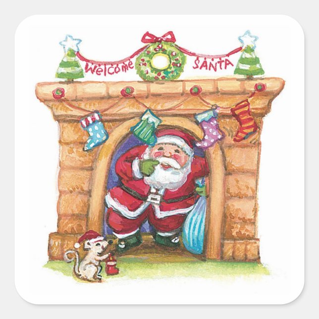 Pegatina Cuadrada El Personalizado lindo, Jolly Santa Claus, viene a (Anverso)