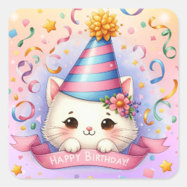Pegatina Cuadrada El Personalizado lindo Kawaii Kitty Cat Feliz cump