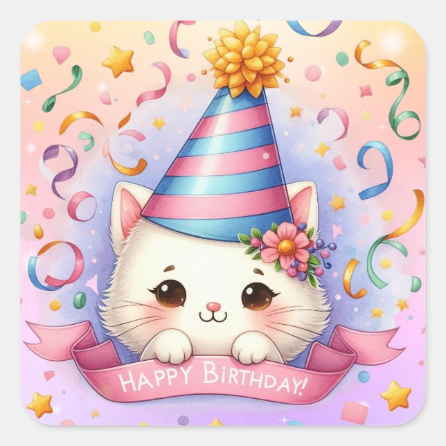 Pegatina Cuadrada El Personalizado lindo Kawaii Kitty Cat Feliz cump (Anverso)