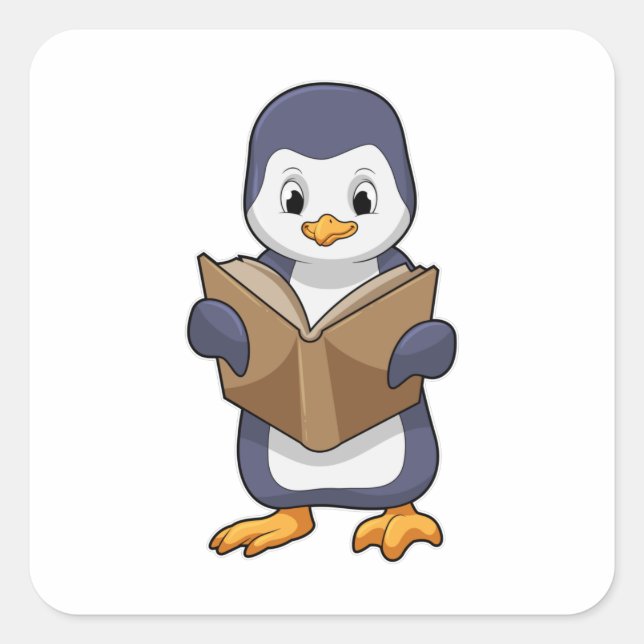 Pegatina Cuadrada El pingüino está nervioso con el libro (Anverso)
