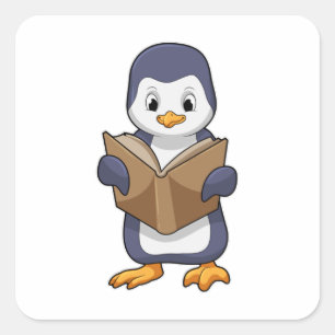 Pegatina Cuadrada El pingüino está nervioso con el libro