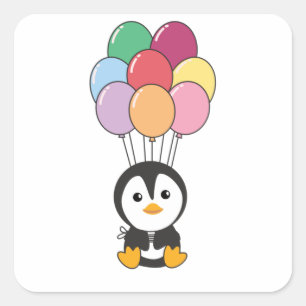 Pegatina Cuadrada El Pingüino Viene Con Globos Coloridos
