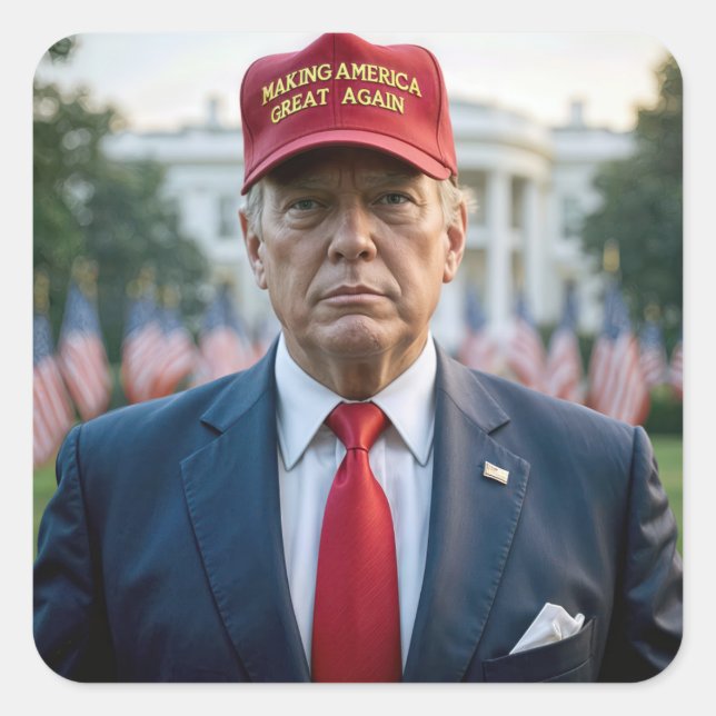 Pegatina Cuadrada El presidente Trump con un Gorra rojo del MAGA (Anverso)