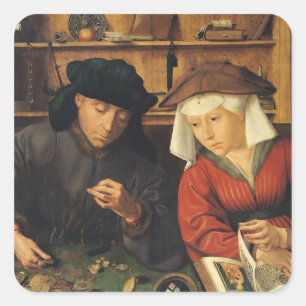 Pegatina Cuadrada El prestamista de dinero y su esposa, 1514