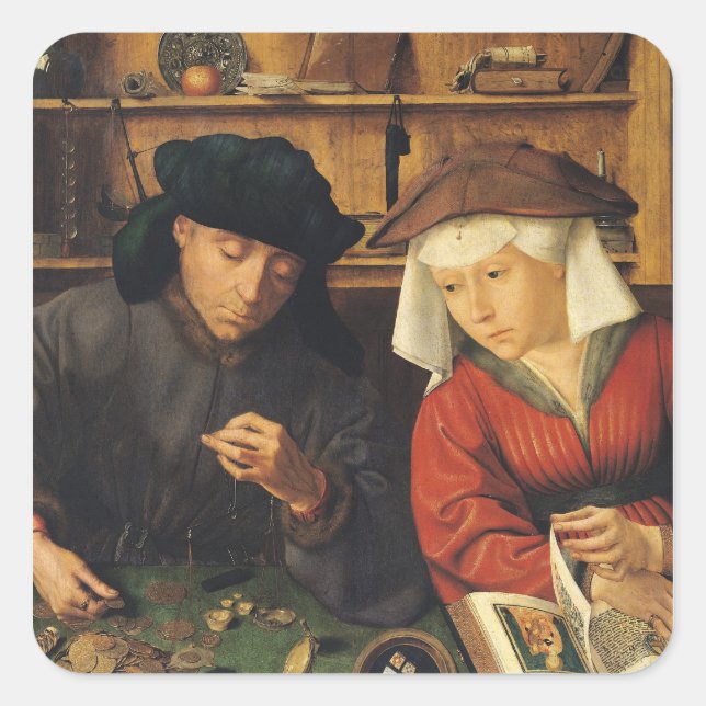 Pegatina Cuadrada El prestamista del dinero y su esposa, 1514 (Anverso)