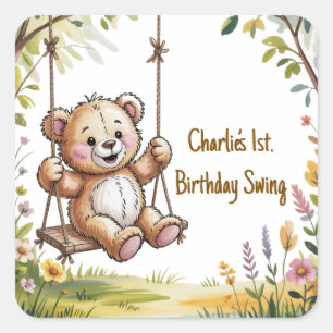 Pegatina Cuadrada El primer Fiesta de cumpleaños de Teddy