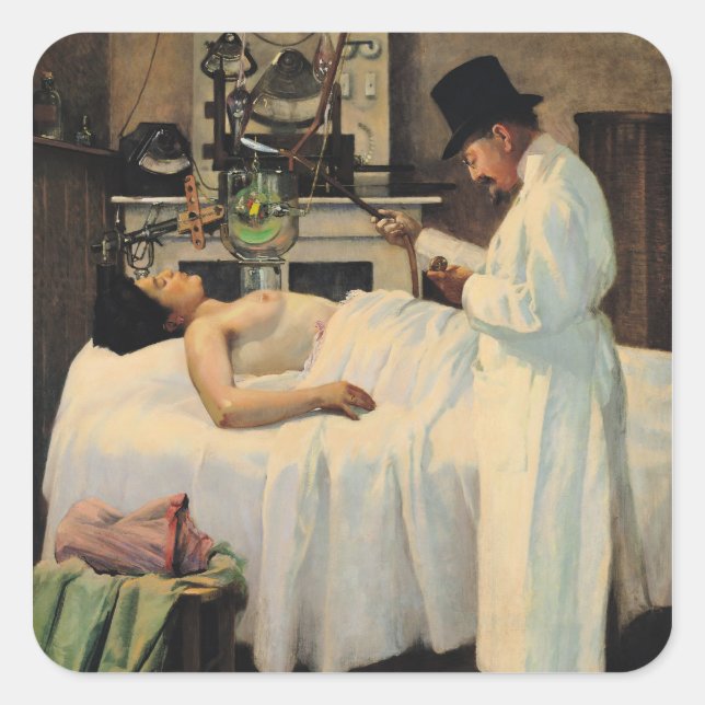 Pegatina Cuadrada El primer intento de tratar el cáncer con rayos X (Anverso)