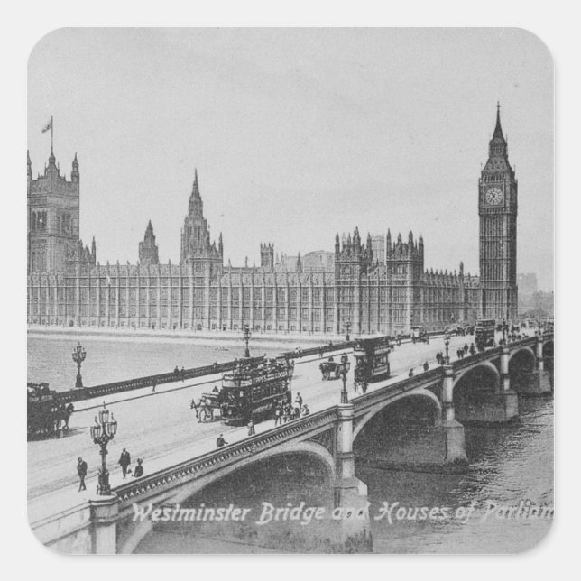 Pegatina Cuadrada El puente Westminster y las casas de (Anverso)