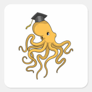 Pegatina Cuadrada El pulpo como estudiante con diploma