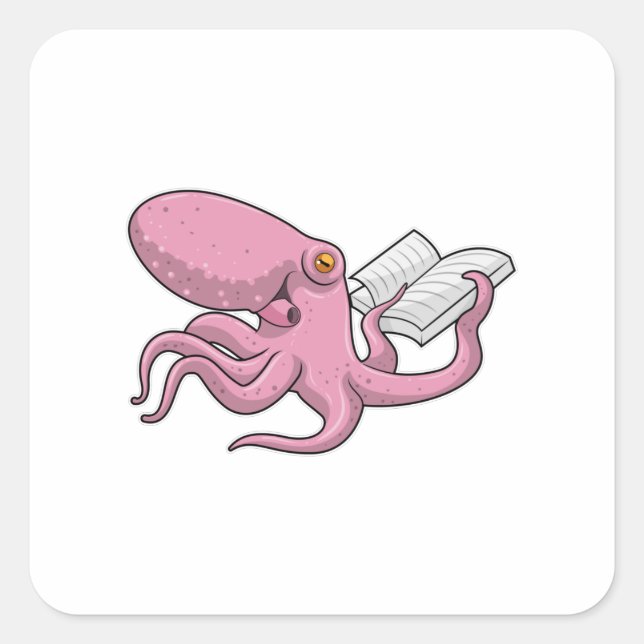 Pegatina Cuadrada El pulpo como nervioso con el libro (Anverso)