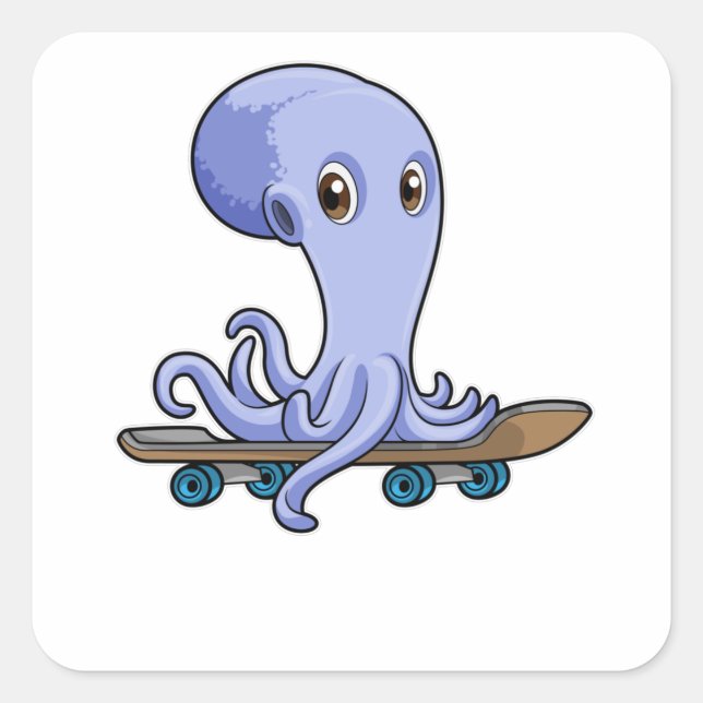 Pegatina Cuadrada El pulpo como patinador con patineta (Anverso)