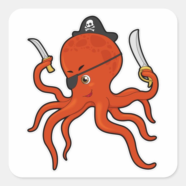 Pegatina Cuadrada El pulpo como pirata con espada y cuchillo (Anverso)