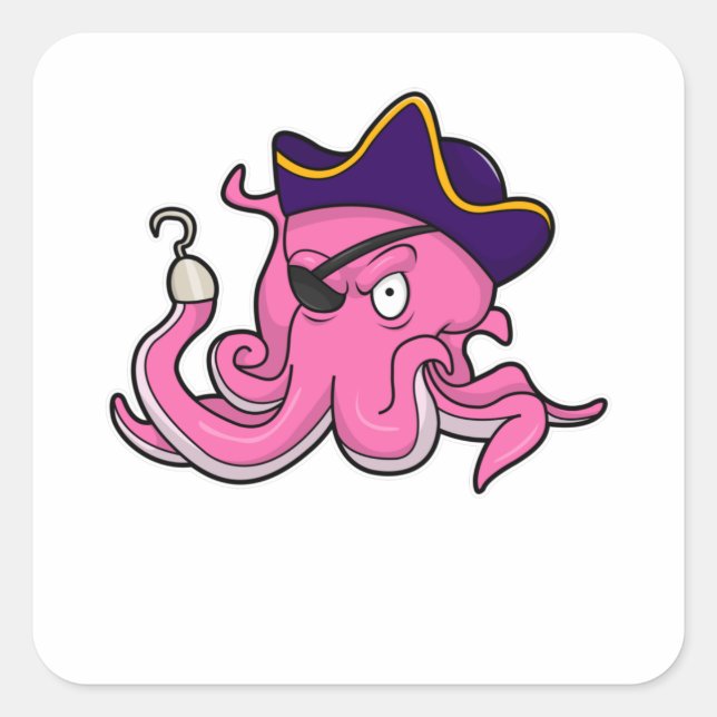 Pegatina Cuadrada El pulpo como pirata con la mano enganchada (Anverso)