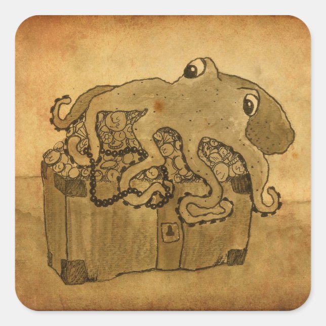Pegatina Cuadrada El pulpo y el tesoro (Anverso)
