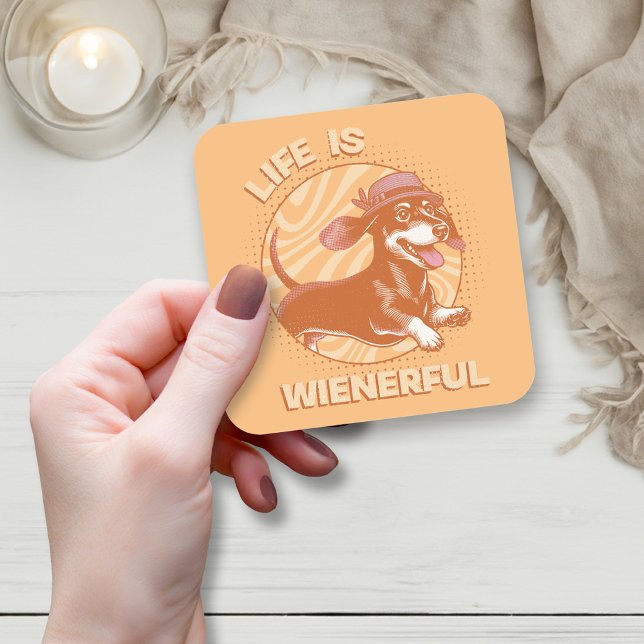 Pegatina Cuadrada El retro lindo de Dachshund 'La vida es inteligent (This fun and quirky design features an adorable dachshund, complete with a cute fedora hat!)