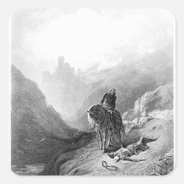 Pegatina Cuadrada El Rey Arturo descubre los esqueletos (Anverso)