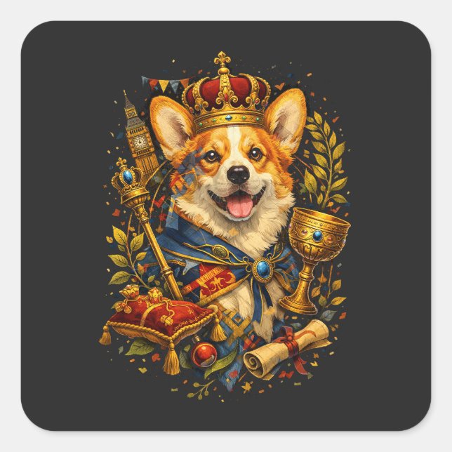 Pegatina Cuadrada El Rey Corgi (Anverso)