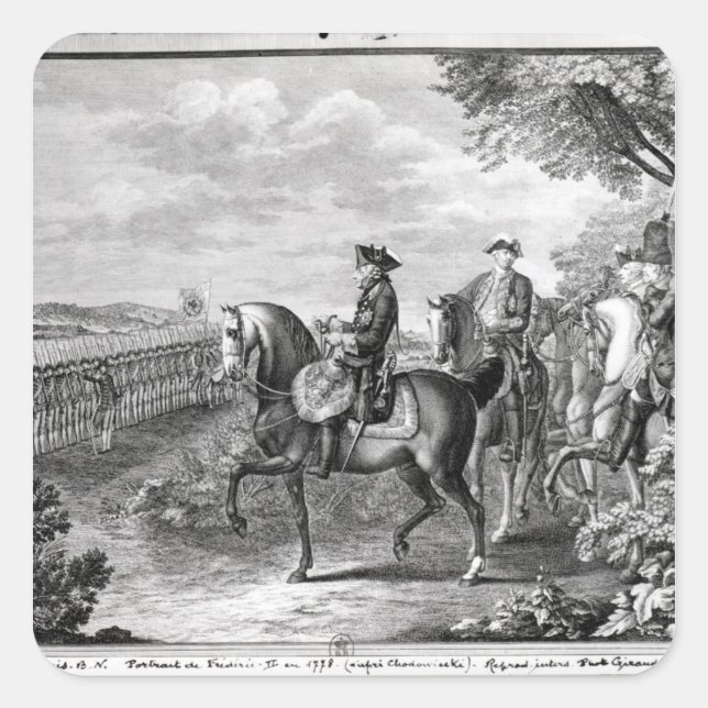 Pegatina Cuadrada El rey Federico II de Prusia revisando la (Anverso)