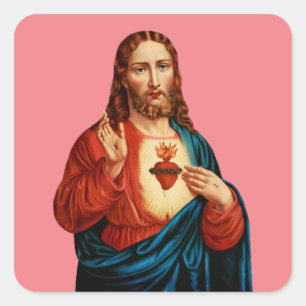 Pegatina Cuadrada El Sagrado Corazón De Jesús Retrato De Arte Fino