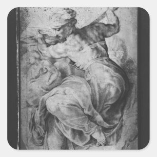 Pegatina Cuadrada El Sibyl libio, después de Michangelo Buonarroti
