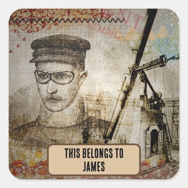 Pegatina Cuadrada El telescopio científico inventor de Steampunk per (Anverso)