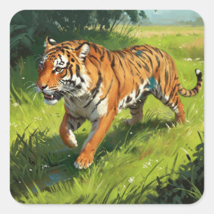 Pegatina Cuadrada El tigre Naranja que corre en la selva