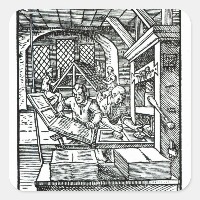 Pegatina Cuadrada El tipógrafo, publicado por Hartman Schopper (Anverso)