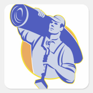 Pegatina Cuadrada El trabajador de la capa de la alfombra lleva la